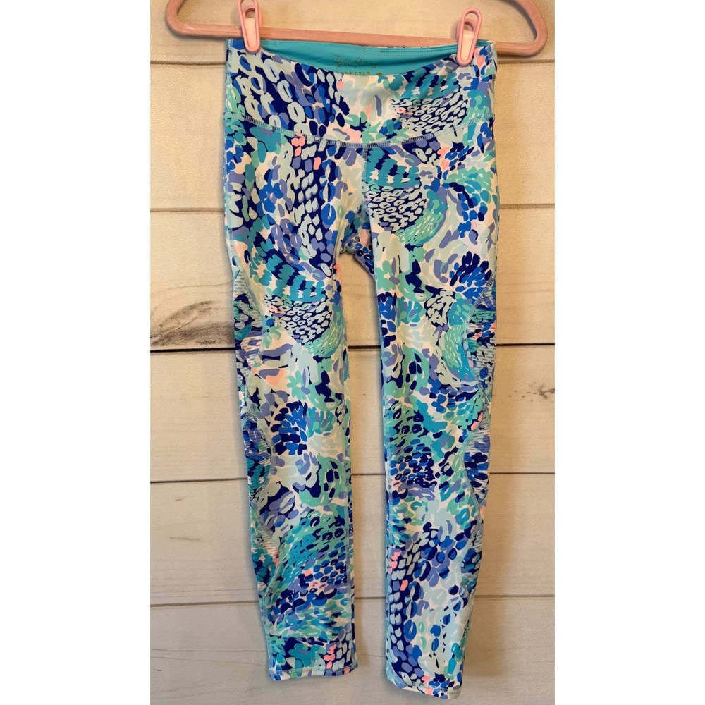 Lilly Pulitzer Luxletic Blue Teal Floral Print Cropped Leggings XS 000527